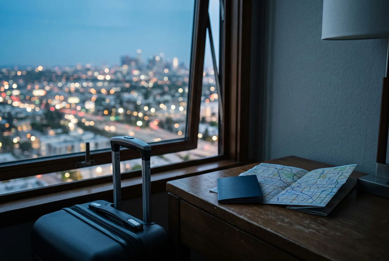 A suitcase, a passport and a map beside a hotel window overlooking Los Angeles at dusk.